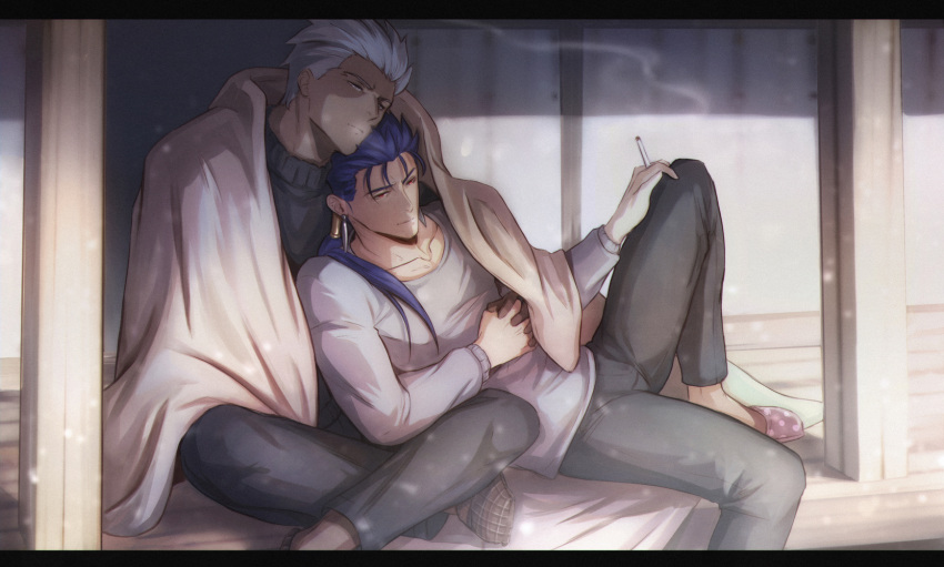 2boys archer_(fate) black_pants blanket blue_hair cigarette closed_mouth collarbone cu_chulainn_(fate) english_commentary fate/grand_order fate_(series) gravesecrets grey_eyes grey_sweater highres holding_hands knee_up male_focus multiple_boys pants polka_dot_footwear ponytail shirt short_hair slippers smile smoke smoking sweater tan white_hair white_shirt winter yaoi