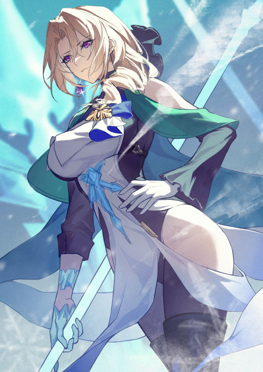 1girl blonde_hair blush breasts clothing_cutout cocolia_rand detached_sleeves drill_hair earrings gloves hair_between_eyes hair_ornament hand_on_own_hip highres holding holding_weapon honkai:_star_rail honkai_(series) jewelry large_breasts long_hair purple_eyes red-d sleeveless_turtleneck_dress thigh_cutout weapon