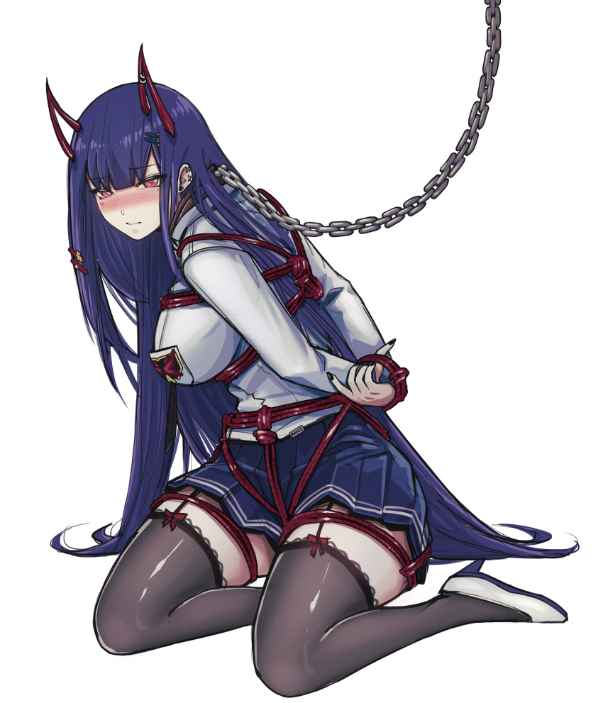 1girl absurdres akuma_nihmune banefury blush bound bound_wrists breasts chain collar demon_girl demon_horns high_heels highres horns indie_virtual_youtuber large_breasts long_hair long_sleeves looking_at_viewer mole mole_under_eye purple_hair red_eyes shibari shibari_over_clothes simple_background skirt solo thighhighs very_long_hair virtual_youtuber white_background