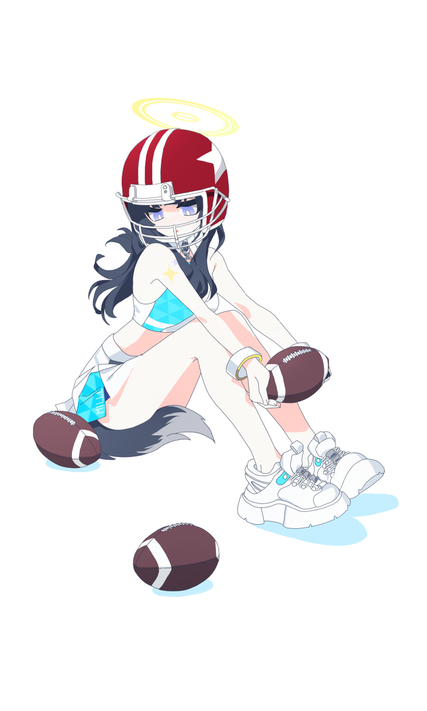 1girl absurdres american_football_helmet ball blue_archive blue_shirt blue_skirt cropped_shirt dog_tail english_commentary gloves halo helmet hibiki_(blue_archive) hibiki_(cheer_squad)_(blue_archive) highres millennium_cheerleader_outfit_(blue_archive) rugby_ball shirt shoes simple_background sitting skirt sleeveless sleeveless_shirt sneakers solo tail white_background white_footwear white_gloves xity yellow_halo