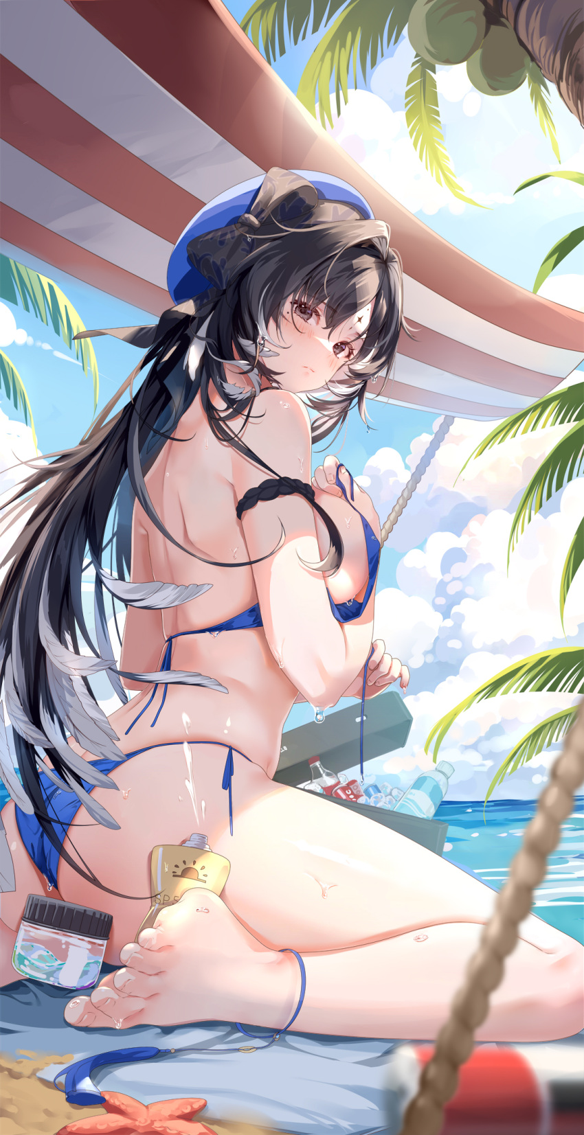 1girl ass back barefoot beach beach_towel bikini black_hair blue_bikini blue_headwear blurry blush breasts brown_eyes closed_mouth clouble cloud coconut coconut_tree cooler covering covering_breasts depth_of_field feet foot_out_of_frame hair_between_eyes highres legs long_hair looking_at_viewer lotion medium_breasts multicolored_hair ocean outdoors palm_tree shoulder_blades sidelocks sitting solo starfish sunscreen swimsuit thighs toenails toes towel tree two-tone_hair wariza white_hair wuthering_waves