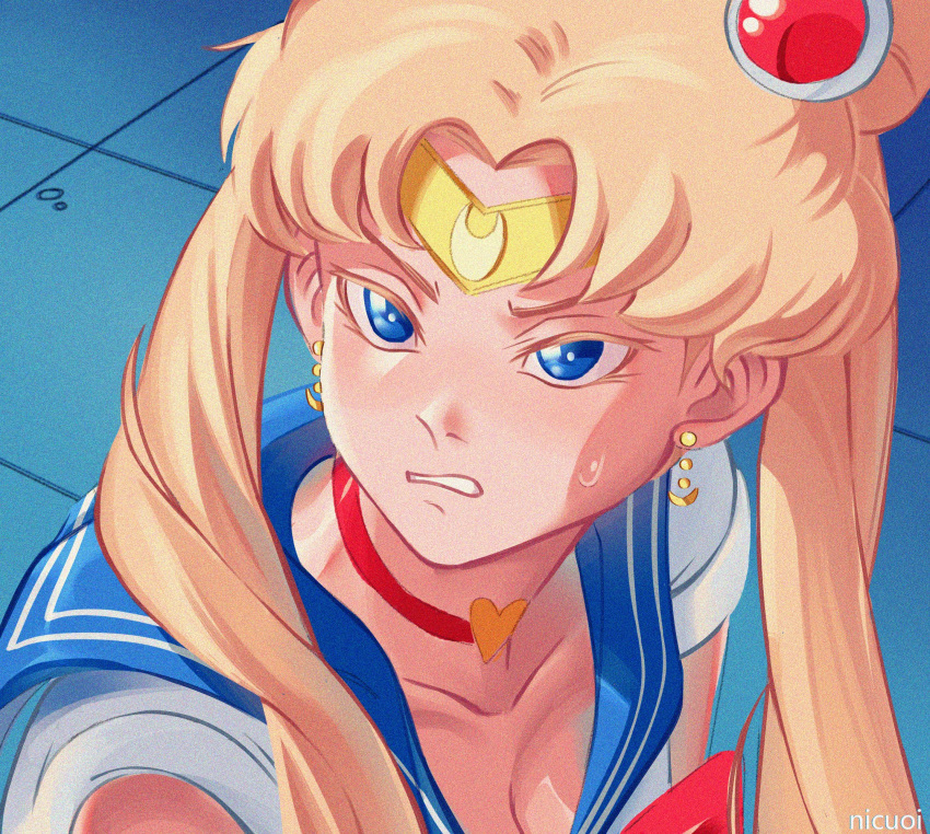 1girl artist_name bishoujo_senshi_sailor_moon blonde_hair blue_eyes blue_sailor_collar breasts choker circlet cleavage commentary crescent crescent_earrings derivative_work double_bun earrings hair_bun heart heart_choker highres jewelry medium_breasts meme nicuoi portrait red_choker sailor_collar sailor_moon sailor_moon_redraw_challenge_(meme) scowl screencap_redraw solo sweatdrop tsukino_usagi twintails v-shaped_eyebrows