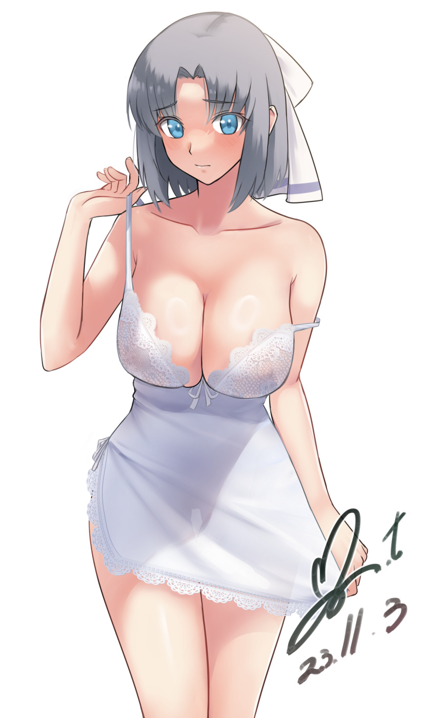 1girl blush bow breasts cleavage closed_mouth collarbone commission dated grey_hair hair_bow hand_up highres lace-trimmed_chemise large_bow large_breasts looking_at_viewer parted_bangs pixiv_commission revision see-through see-through_silhouette senran_kagura senran_kagura_shinovi_versus short_hair signature simple_background solo standing strap_slip white_background white_bow white_chemise yoo_tenchi yumi_(senran_kagura)