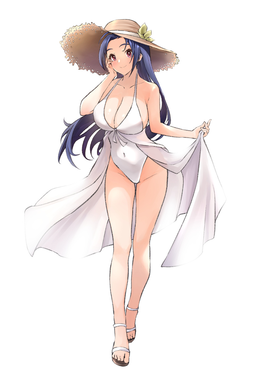 1girl absurdres ahoge b1ack_illust blue_hair blush breasts cleavage collarbone covered_navel dark_blue_hair forehead full_body groin hand_on_own_cheek hand_on_own_face hat highres idolmaster idolmaster_(classic) idolmaster_million_live! large_breasts long_hair looking_at_viewer miura_azusa one-piece_swimsuit sandals sarong simple_background smile solo straight_hair straw_hat swimsuit very_long_hair white_background white_one-piece_swimsuit white_sarong