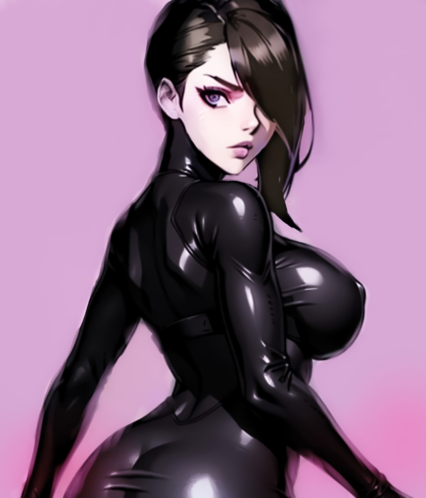 ass blue_eyes bodysuit breasts brown_hair capcom highres jessica_sherawat plugsuit resident_evil resident_evil:_revelations