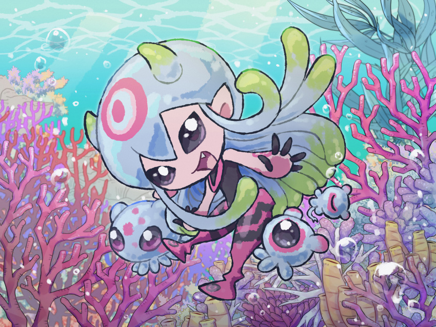 1girl 3others air_bubble bubble cookie_0630 coral digimon digimon_(creature) highres jellyfish jellyfish_girl jellymon looking_at_viewer monster_girl multiple_others open_mouth puyomon puyoyomon tentacle_hair tentacles underwater