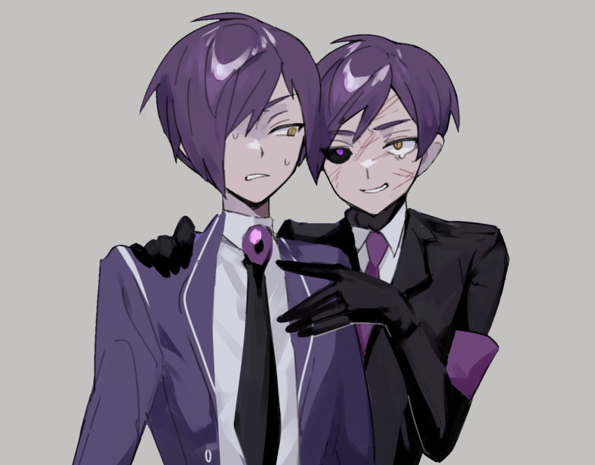 2boys black_gloves black_sclera coat colored_sclera dual_persona gloves grey_background grin hair_over_one_eye heterochromia library_of_ruina lobotomy_corporation long_sleeves mismatched_sclera mu46016419 multiple_boys necktie project_moon purple_coat purple_eyes purple_hair purple_necktie scar scar_on_face shirt smile upper_body white_shirt yellow_eyes yesod_(project_moon)
