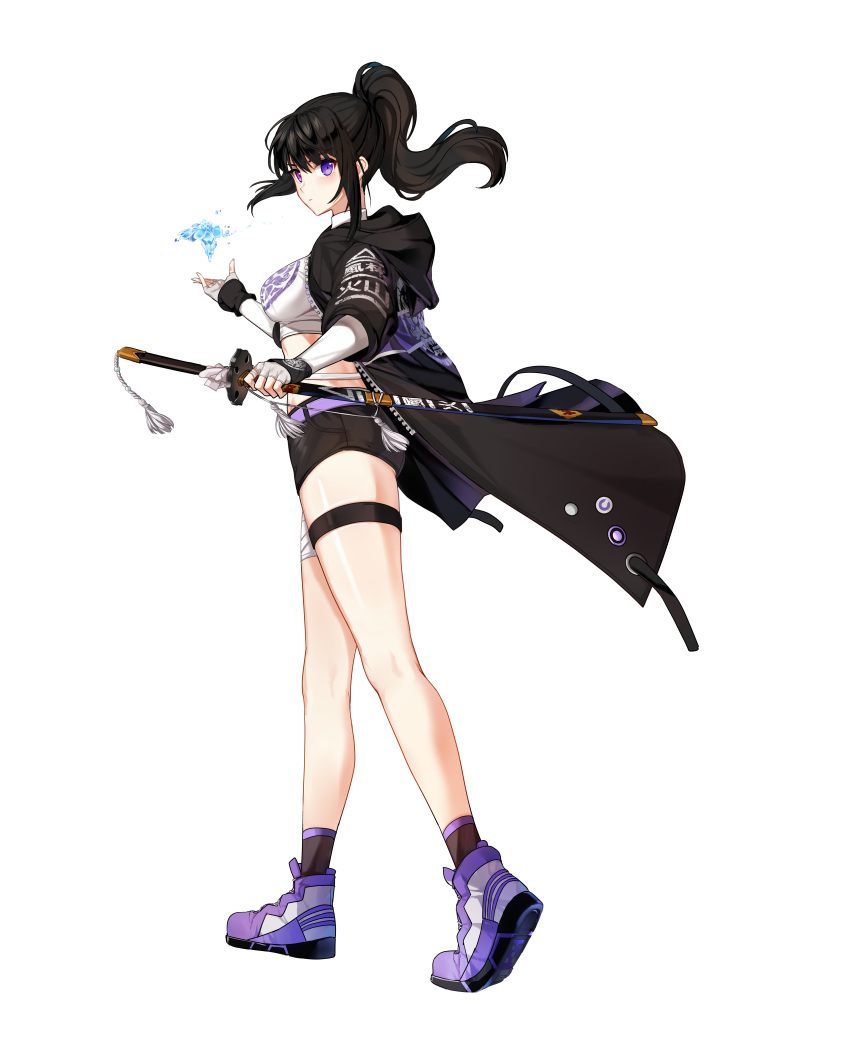 1girl absurdres bai_winchester bandaged_leg bandages bare_legs belt black_hair black_jacket black_shorts black_socks breasts closers crop_top elbow_gloves fingerless_gloves gloves heterochromia high_ponytail highres holding holding_sword holding_weapon hood hood_down hooded_jacket ice jacket katana large_breasts long_hair looking_at_viewer magic midriff official_art open_clothes open_jacket pink_eyes ponytail purple_eyes purple_footwear sheath sheathed shirt shoes short_shorts shorts sidelocks sneakers socks solo standing sword tachi-e tassel thigh_strap thighs turtleneck weapon white_background white_gloves white_shirt