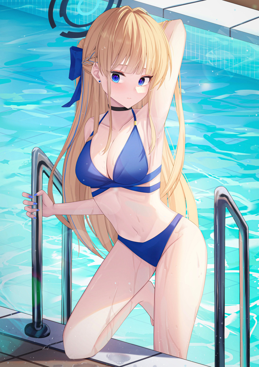 1girl absurdres alternate_costume arm_up armpits bikini black_choker blonde_hair blue_archive blue_bikini blue_bow blue_eyes blue_nails bow breasts choker closed_mouth collarbone earrings hair_bow halo hidel highres jewelry long_hair looking_at_viewer medium_breasts navel pool pool_ladder solo stomach stud_earrings swimsuit thighs toki_(blue_archive) very_long_hair water wet