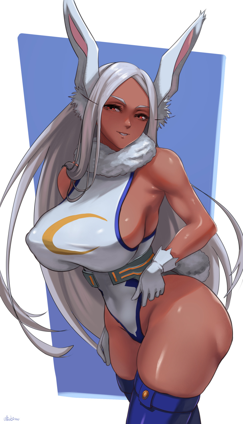 1girl absurdres animal_ears ass blue_thighhighs boku_no_hero_academia covered_navel crescent_print dark-skinned_female dark_skin gloves highleg highleg_leotard highres huge_ass leotard long_eyelashes long_hair looking_at_viewer mirko muscular muscular_female parted_bangs playboy_bunny rabbit_ears rabbit_girl rabbit_tail red_eyes sleeveless sleeveless_turtleneck sleeveless_turtleneck_leotard solo tail tail_through_clothes taut_leotard thick_thighs thighhighs thighs turtleneck turtleneck_leotard ultrabinou very_long_hair white_gloves white_hair white_leotard