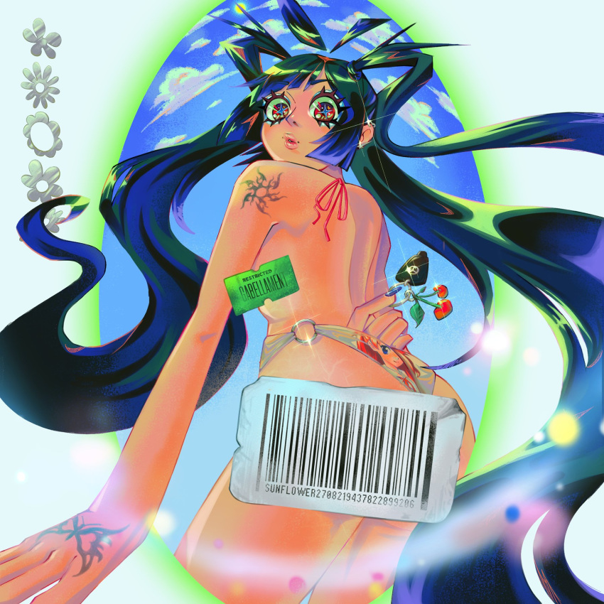 1girl barcode black_hair blue_nails ear_piercing earrings from_behind gab_(gabellament) glint hair_between_eyes heart highres jewelry long_hair looking_at_viewer mole mole_under_mouth original parted_lips piercing red_eyes solo tattoo topless very_long_hair