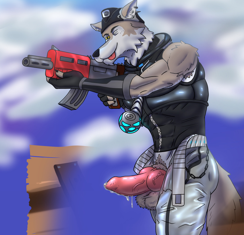 abs absurd_res anthro balls biceps big_butt blep bodily_fluids bottomwear brown_body brown_fur butt canid canine canis clothed clothing cloud digital_media_(artwork) ear_piercing ear_ring epic_games erection fingerless_gloves fortnite fur genital_fluids genitals gloves gun handwear headgear hi_res knot male mammal muscular muscular_anthro muscular_male pants penile penis piercing precum pubes ranged_weapon ring_piercing simple_background sky smile solo tail tongue tongue_out topwear weapon wendell_(fortnite) white_body white_fur wolf zachsroom