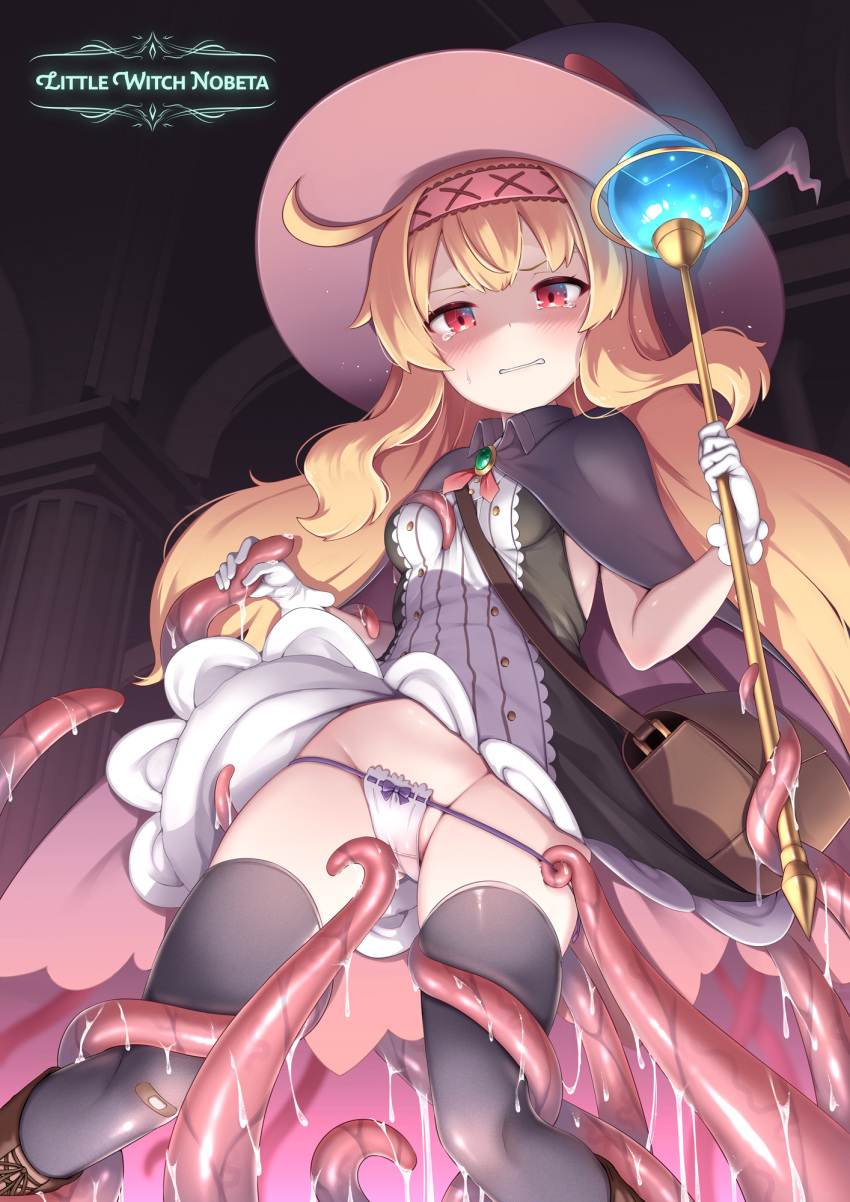 1girl artist_request ass_visible_through_thighs bag bandaid bandaid_on_clothes bandaid_on_knee bandaid_on_leg black_cloak black_dress black_thighhighs blonde_hair blush boots bow bow_panties breasts brown_footwear cameltoe cape clenched_teeth cloak clothes_lift copyright_name dress dress_lift feet_out_of_frame gem gloves groin hairband hat highres holding holding_staff imminent_rape little_witch_nobeta long_hair looking_down lowleg lowleg_panties micro_panties nobeta official_art panties panty_pull red_eyes shaded_face short_dress shoulder_bag sleeveless sleeveless_dress slime_(substance) small_breasts solo staff tearing_up tears teeth tentacles thighhighs thighs two-tone_dress underwear very_long_hair wand white_gloves white_panties witch witch_hat