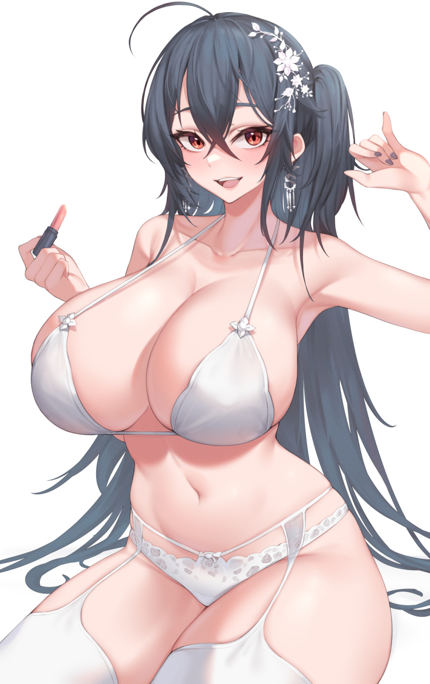 1girl ahoge azur_lane bare_shoulders black_hair black_nails bra breasts cleavage collarbone commentary commentary_request cosmetics crossed_bangs earrings garter_belt hair_between_eyes hair_ornament hands_up highres holding holding_lipstick_tube huge_breasts invisible_chair jewelry kuavera lipstick_tube long_hair nail_polish navel one_side_up open_mouth panties red_eyes simple_background sitting skindentation smile solo taihou_(azur_lane) teeth thick_thighs thighhighs thighs underwear underwear_only upper_teeth_only very_long_hair white_background white_bra white_panties white_thighhighs