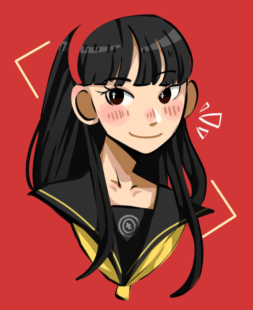 1girl amagi_yukiko black_hair blush blush_stickers cropped_shoulders cross-shaped_pupils hairband highres persona persona_4 red_background red_hairband rhivinde school_uniform smile solo symbol-shaped_pupils