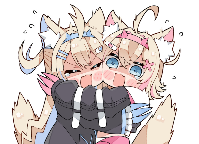 2girls animal_ear_fluff animal_ears bandaid_hair_ornament black_jacket blonde_hair blue_eyes blue_hair blue_hairband chibi closed_eyes collar crossed_bangs dog_ears dog_girl dog_tail double-parted_bangs fake_horns fang fur-trimmed_jacket fur_trim fuwawa_abyssgard hair_between_eyes hair_intakes hair_ornament hairband hairclip highres hololive hololive_english horns jacket kukie-nyan long_hair mococo_abyssgard multicolored_hair multiple_girls open_mouth pink_hair pink_hairband short_hair siblings sisters streaked_hair tail twins two_side_up virtual_youtuber white_background x_hair_ornament