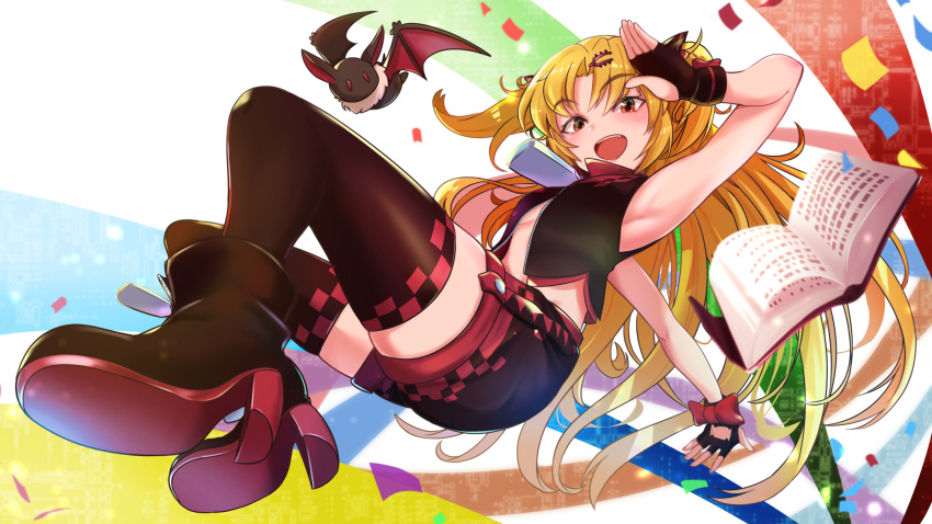 1girl abstract_background akatsuki_uni ankoku_kishi_m armpits bare_shoulders bat_(animal) black_footwear black_gloves black_jacket black_shorts black_thighhighs blonde_hair book boots breasts checkered_clothes confetti cropped_jacket dress fang fingerless_gloves full_body glove_bow gloves hair_ornament high_heel_boots high_heels highres jacket long_hair looking_at_viewer multicolored_background multicolored_clothes multicolored_jacket open_clothes open_jacket oversized_zipper parted_bangs red_eyes salute shorts skindentation sleeveless small_breasts solo teeth thighhighs two-tone_footwear two-tone_gloves two-tone_jacket two-tone_shorts two-tone_thighhighs two_side_up underboob uni_create upper_teeth_only vampire very_long_hair virtual_youtuber zipper_pull_tab