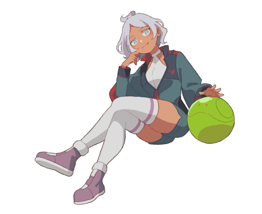 1girl :3 ahoge asticassia_school_uniform blue_eyes dark-skinned_female dark_skin dou_(mame_eee) full_body green_shorts gundam gundam_suisei_no_majo halter_leotard halterneck highres jacket leotard open_clothes open_jacket pink_footwear school_uniform secelia_dote short_hair shorts sitting smile socks solo striped striped_socks thighs white_background white_hair white_leotard zettai_ryouiki