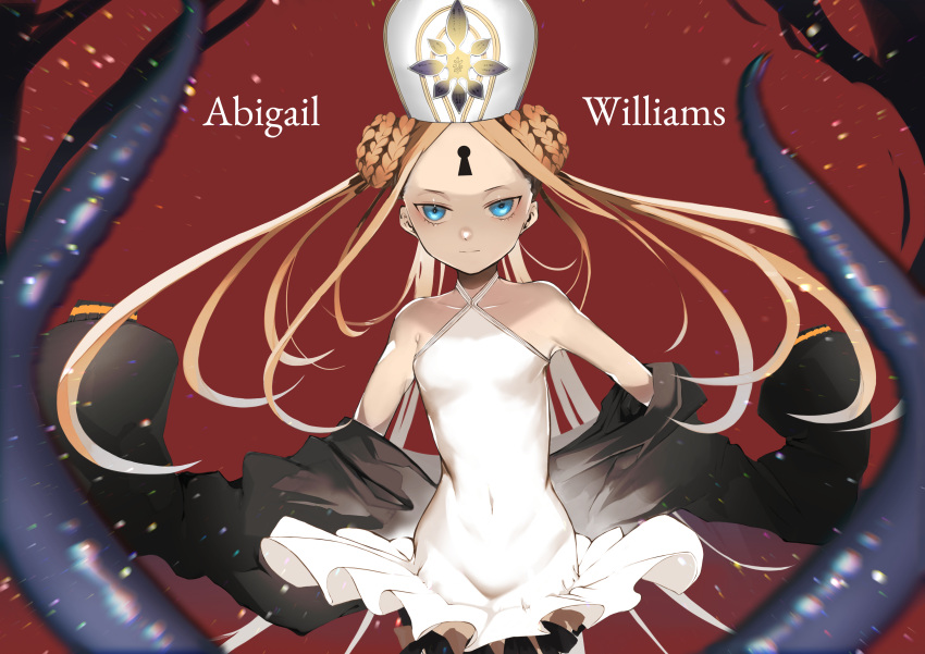 1girl abigail_williams_(fate) abigail_williams_(swimsuit_foreigner)_(fate) abigail_williams_(swimsuit_foreigner)_(second_ascension)_(fate) absurdres banno_watari black_jacket blonde_hair blue_eyes braid braided_bun character_name closed_mouth commentary double_bun fate/grand_order fate_(series) hair_bun hat highres jacket keyhole long_hair long_sleeves mitre one-piece_swimsuit parted_bangs puffy_long_sleeves puffy_sleeves red_background removing_jacket swimsuit tentacles twintails very_long_hair white_headwear white_swimsuit