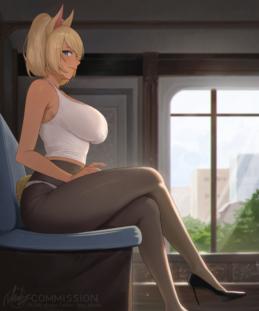 1girl animal_ears bare_arms bare_shoulders black_footwear black_pantyhose blonde_hair blue_eyes blush borrowed_character breasts closed_mouth foot_out_of_frame from_side high_heels highres indoors large_breasts looking_at_viewer medium_hair nhaliz original pantyhose shephira_(cert) shirt sideways_glance sitting sleeveless smile tail thighs white_shirt window