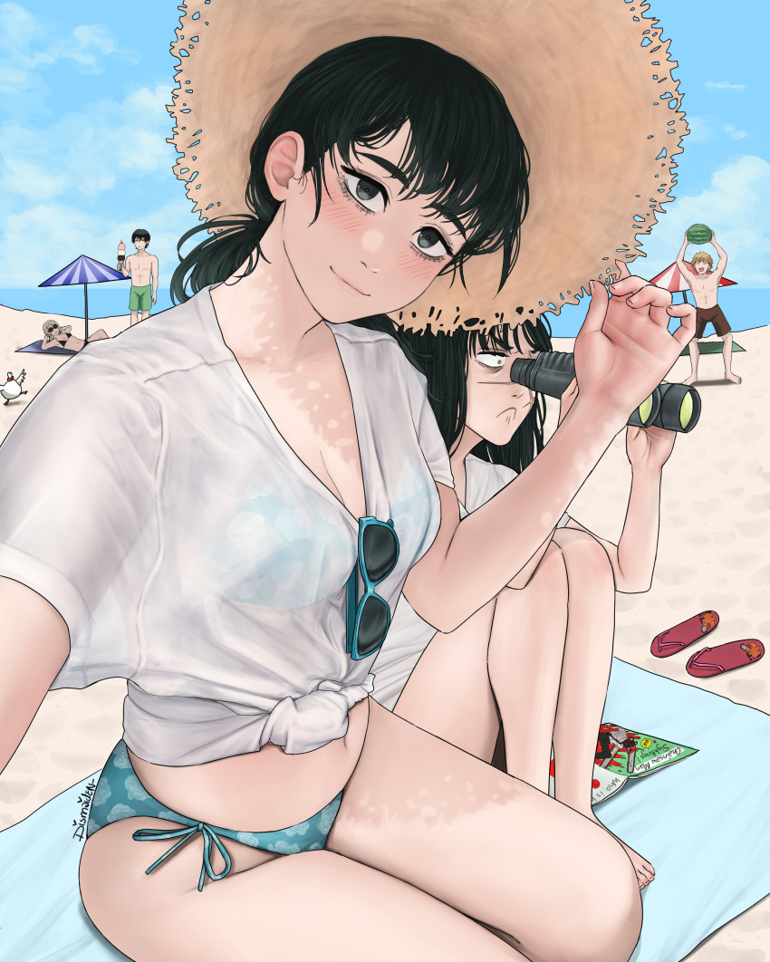 2boys 3girls absurdres beach bikini binoculars black_eyes black_hair blonde_hair blue_bikini breasts bucky_(chainsaw_man) chainsaw_man cleavage denji_(chainsaw_man) dismaiden food fruit hat hayakawa_aki highres holding holding_binoculars holding_food holding_ice_cream ice_cream long_hair medium_breasts mitaka_asa multiple_boys multiple_girls ocean ponytail quanxi_(chainsaw_man) sand sandals scar scar_on_face scar_on_nose selfie shirt sun_hat sunglasses swimsuit watermelon white_shirt yoru_(chainsaw_man)