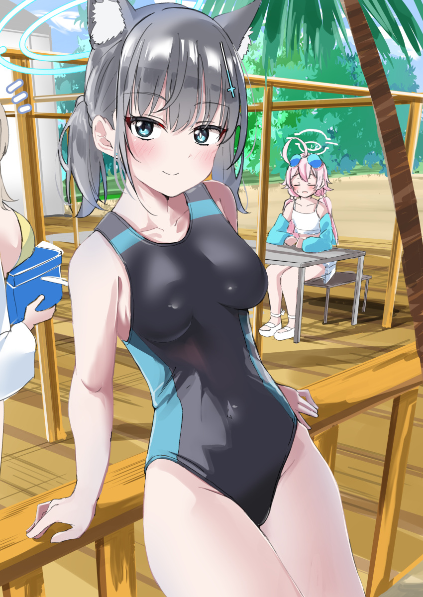 168admiral_(sunflower) 3girls absurdres animal_ear_fluff animal_ears black_one-piece_swimsuit blue_archive blue_eyes breasts competition_swimsuit covered_navel cowboy_shot cross_hair_ornament extra_ears grey_hair hair_ornament halo highres hoshino_(blue_archive) hoshino_(swimsuit)_(blue_archive) looking_at_viewer low_ponytail medium_breasts medium_hair mismatched_pupils multicolored_clothes multicolored_swimsuit multiple_girls nonomi_(blue_archive) nonomi_(swimsuit)_(blue_archive) official_alternate_costume one-piece_swimsuit palm_tree railing shiroko_(blue_archive) shiroko_(swimsuit)_(blue_archive) smile solo_focus swimsuit table tree wolf_ears