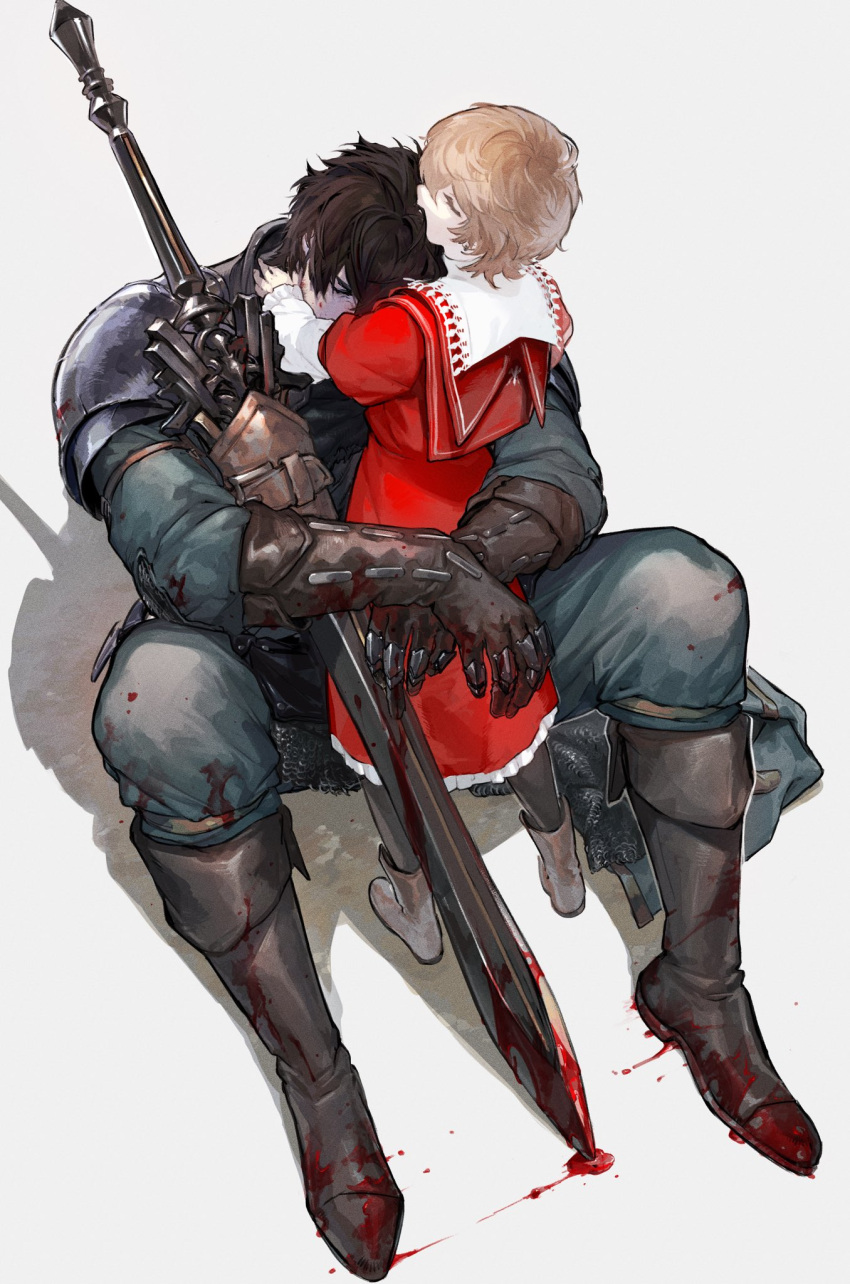 2boys armor arms_around_neck blonde_hair blood blood_on_clothes blood_on_scabbard blue_pants blue_shirt boots brothers brown_footwear brown_hair chainmail clive_rosfield closed_eyes commentary final_fantasy final_fantasy_xvi full_body highres hug joshua_rosfield knee_boots long_sleeves male_child male_focus multiple_boys ogata_tomio pants red_robe robe scabbard sheath shirt short_hair shoulder_armor siblings simple_background sitting standing sword weapon white_background