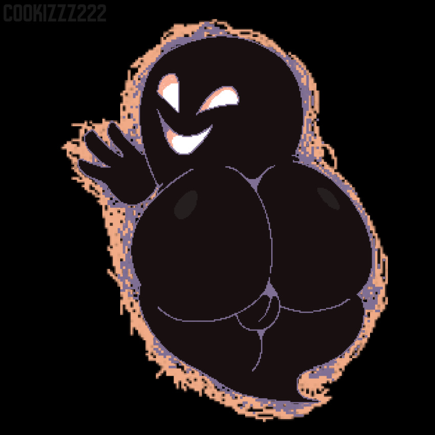 2023 backsack balls big_butt black_background butt butt_focus cookizzz222 empty_eyes genitals ghost hi_res looking_back male nintendo not_furry open_mouth open_smile pokemon pokemon_tower_ghost rear_view simple_background smile solo spirit white_eyes