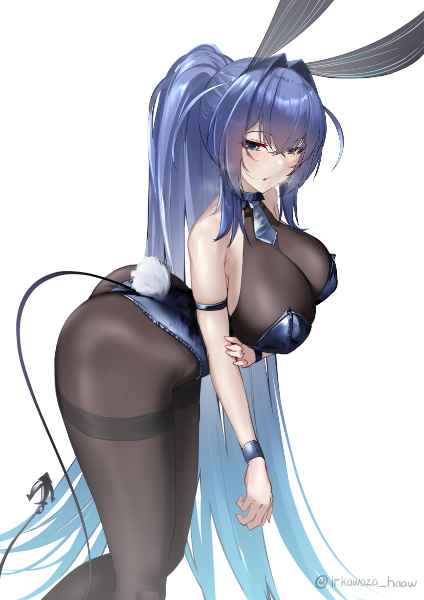 1girl absurdres animal_ears arm_strap arm_under_breasts azur_lane bare_shoulders blue_eyes blue_hair blue_leotard blush bodystocking breasts breath bunny_day fake_animal_ears fake_tail from_side hair_between_eyes hair_intakes hand_on_own_arm highleg highleg_leotard highres huge_breasts irkawaza leaning_forward leotard long_hair looking_at_viewer necktie new_jersey_(azur_lane) new_jersey_(exhilarating_steps!)_(azur_lane) official_alternate_costume parted_lips playboy_bunny ponytail rabbit_ears rabbit_tail short_necktie solo strapless strapless_leotard tail thighs twitter_username very_long_hair wristband