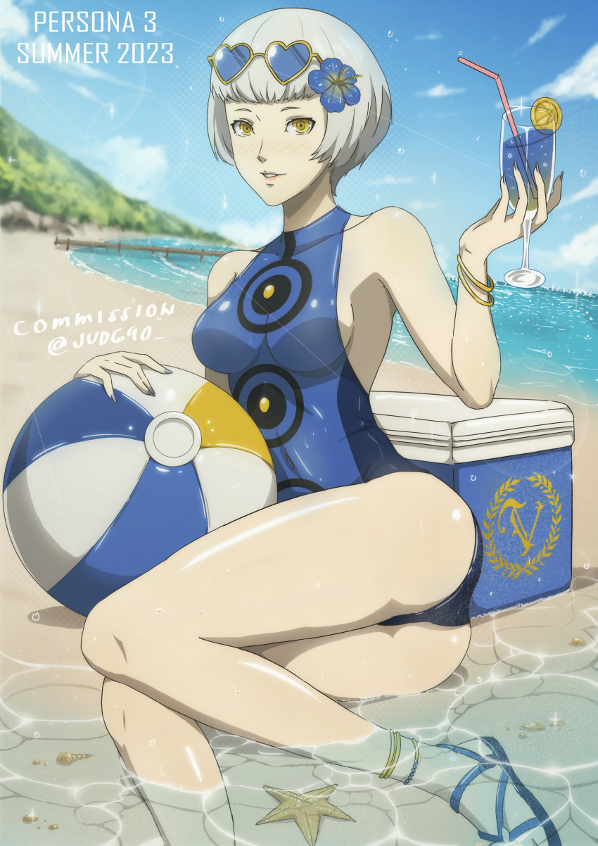 1girl absurdres ball beach beachball blue_flower blue_one-piece_swimsuit bob_cut bracelet breasts commission cooler cup drinking_glass elizabeth_(persona) eyewear_on_head flower food fruit hair_flower hair_ornament heart heart-shaped_eyewear highres jewelry lemon looking_at_viewer one-piece_swimsuit parted_lips partially_submerged persona persona_3 sandals sideboob sitting small_breasts smile solo starfish sunglasses swimsuit tak0baka wine_glass yellow_eyes