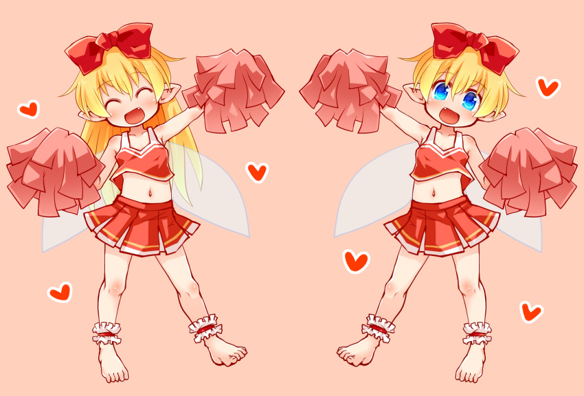 2girls ankle_cuffs barefoot blue_eyes blush bow cheerleader closed_eyes crop_top fairy fairy_wings fang feet full_body hair_bow heart highres kso long_hair looking_at_viewer midriff multiple_girls navel original pink_background pointy_ears pom_pom_(cheerleading) red_bow red_skirt short_hair simple_background skirt smile sweat wings