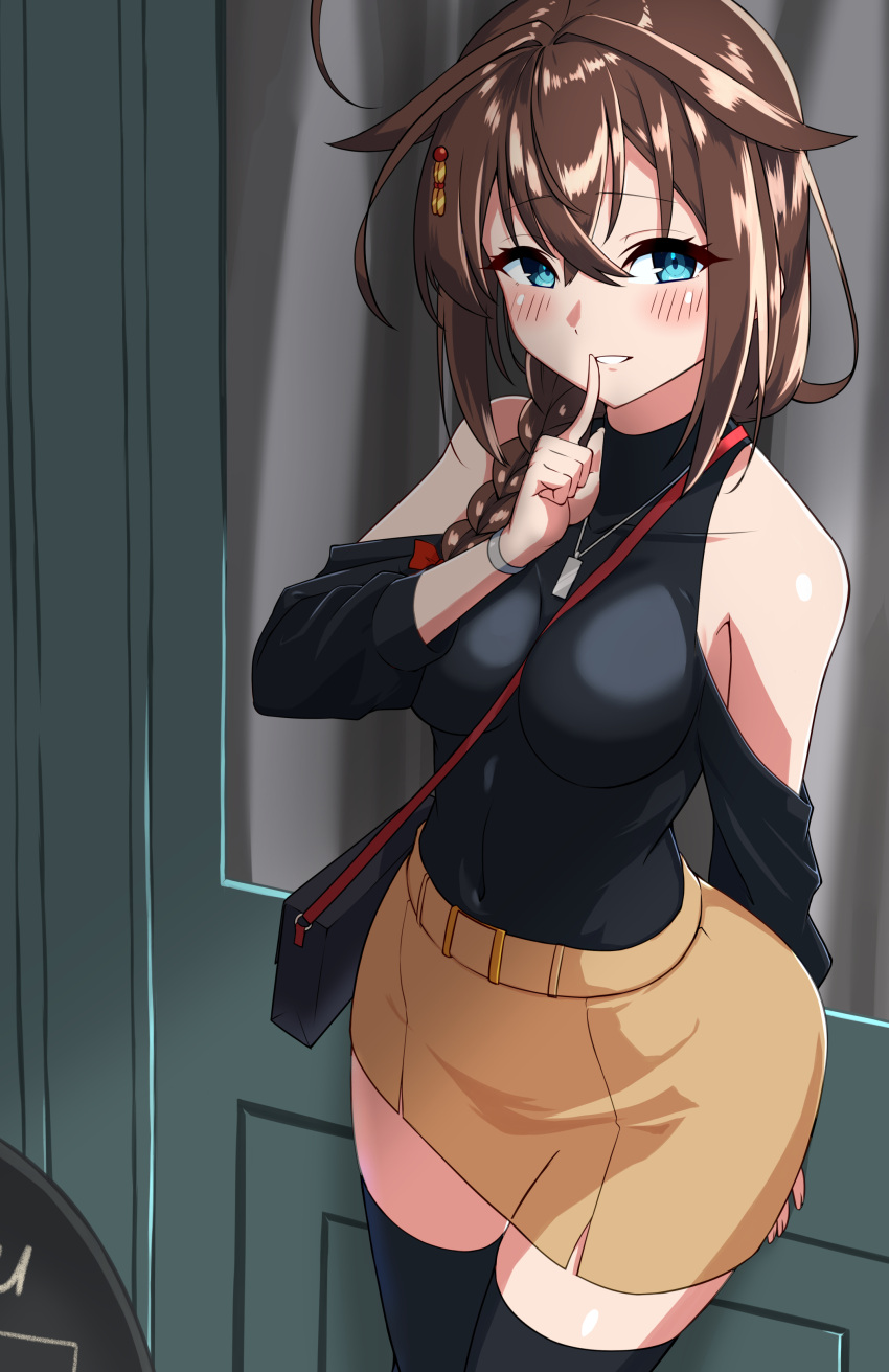 1girl absurdres ahoge alternate_costume bag between_breasts black_shirt black_thighhighs blue_eyes braid breasts brown_hair detached_sleeves door finger_to_mouth hair_flaps hair_over_shoulder highres jewelry kantai_collection medium_breasts necklace shiba_(zudha) shigure_(kancolle) shigure_kai_san_(kancolle) shirt shoulder_bag single_braid solo strap_between_breasts thighhighs turtleneck