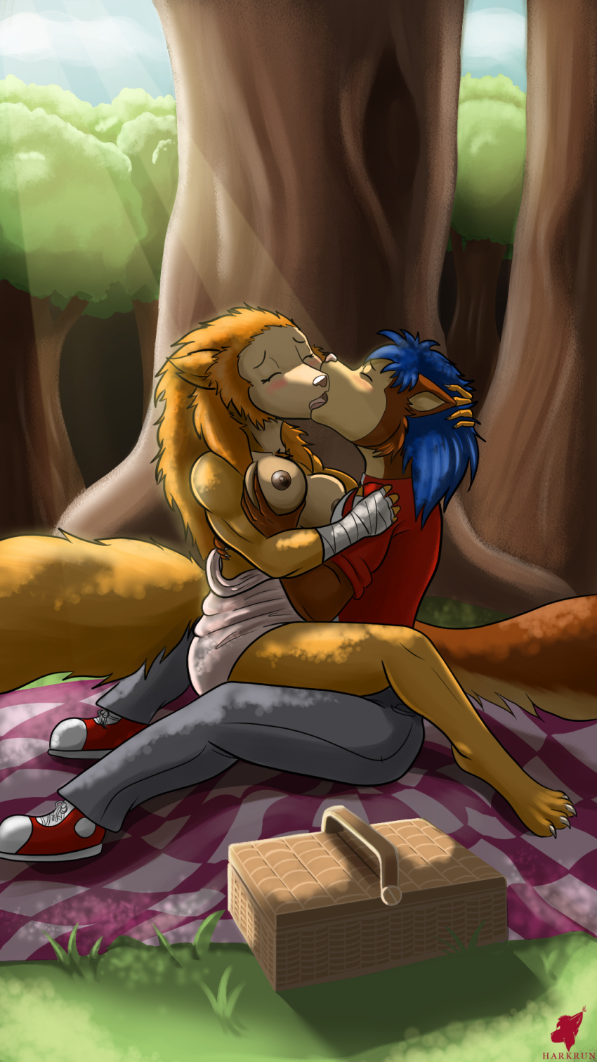 anthro basket breast_fondling breast_grab breast_play breasts canid canine canis clothed clothing container domestic_dog duo female fondling foreplay forest hand_on_breast harkrun hi_res kissing male male/female mammal nipples picnic_basket picnic_blanket plant romantic romantic_couple topless tree vulpa wolf