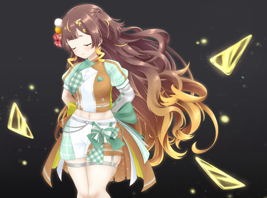 1girl absurdres anya_melfissa arms_behind_back asymmetrical_sleeves breasts brown_hair closed_eyes earrings gradient_hair hair_ornament highres hololive hololive_idol_uniform_(bright) hololive_indonesia jewelry long_hair mee_don midriff multicolored_hair pom_pom_(clothes) pom_pom_hair_ornament shorts smile thigh_strap thighs very_long_hair virtual_youtuber wavy_hair white_shorts