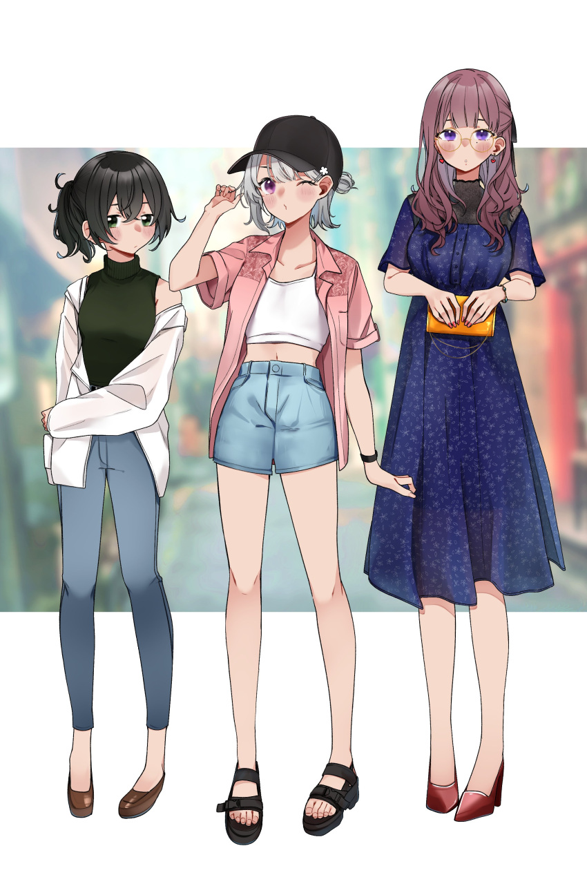 3girls absurdres alpaca_opo alternate_hairstyle bag barefoot_sandals baseball_cap black_hair black_ribbon blue_dress blush casual cevio commentary_request crop_top denim denim_shorts dress earrings full_body glasses green_eyes grey_hair hair_bun hair_ribbon half-closed_eyes hanakuma_chifuyu hand_up handbag hat high_heels highres holding holding_bag jacket jeans jewelry koharu_rikka lineup loafers long_hair long_sleeves looking_at_viewer midriff multiple_girls natsuki_karin navel off_shoulder one_eye_closed open_clothes open_jacket open_shirt pants pink_shirt platform_footwear ponytail purple_eyes ribbon round_eyewear sandals see-through see-through_dress shirt shoes short_hair short_shorts short_sleeves shorts single_bare_shoulder single_hair_bun sleeveless sleeveless_sweater standing sweater synthesizer_v tank_top turtleneck turtleneck_sweater wavy_hair white_jacket white_tank_top