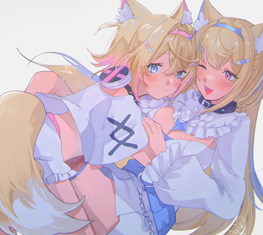 2girls :3 :d absurdres animal_ears belt_collar black_collar blonde_hair blue_hair blush breasts cleavage cleavage_cutout clothing_cutout collar cropped_shirt dog_ears dog_girl dog_tail dress fishnet_thighhighs fishnets frilled_shorts frills fuwawa_abyssgard hair_ornament hairpin headphones headphones_around_neck highres hololive hololive_english kokomi_(aniesuakkaman) large_breasts long_hair medium_hair mococo_abyssgard multicolored_hair multiple_girls one_eye_closed open_mouth pink_hair shirt short_shorts shorts smile spiked_collar spikes streaked_hair tail thighhighs virtual_youtuber white_dress white_shirt white_shorts x_hair_ornament