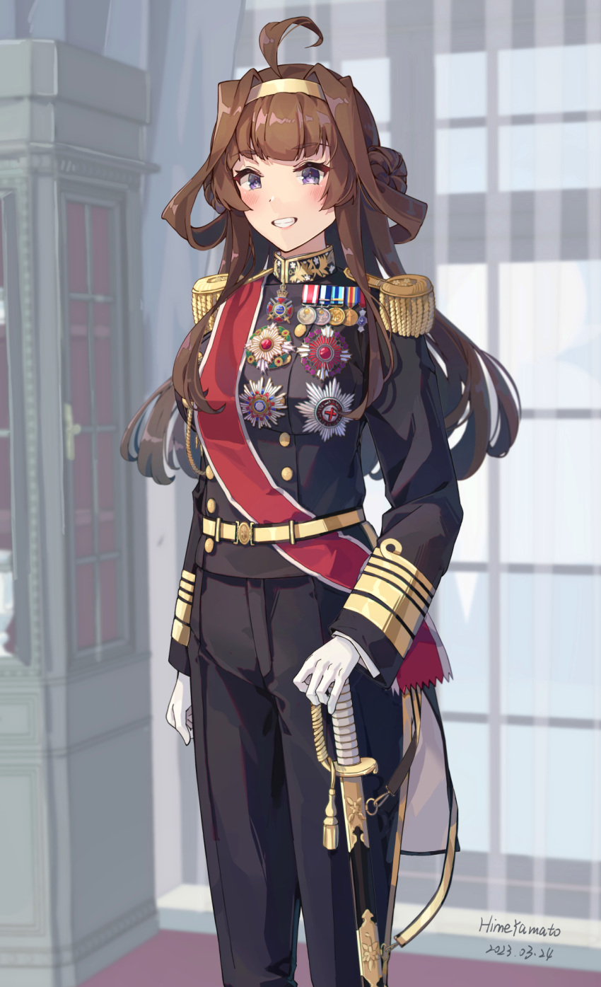 1girl ahoge artist_name black_jacket black_pants blush breasts brown_hair dated double_bun epaulettes feet_out_of_frame gloves grin hair_bun hairband hand_on_hilt highres himeyamato indoors jacket kantai_collection kongou_(kancolle) large_breasts long_hair long_sleeves medal military military_uniform pants purple_eyes red_sash sash scabbard sheath sheathed signature smile solo standing sword uniform weapon white_gloves