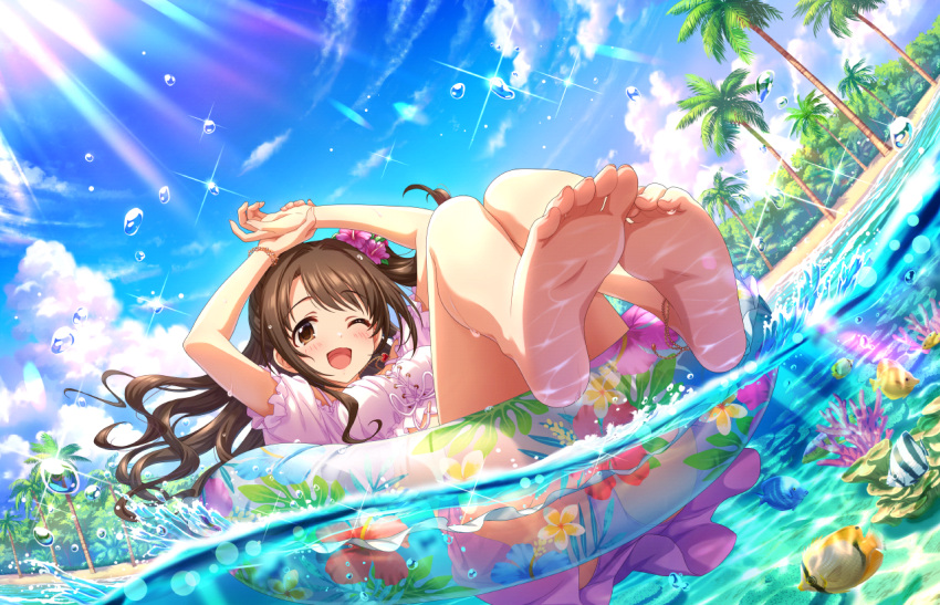 1girl anklet barefoot blue_sky blush breasts brown_hair cloud cloudy_sky coral_reef day dutch_angle feet fish flower foot_focus foreshortening frilled_sleeves frills full_body game_cg hair_flower hair_ornament idolmaster idolmaster_cinderella_girls idolmaster_cinderella_girls_starlight_stage jewelry knees_up legs_together lens_flare long_hair looking_at_viewer medium_breasts miniskirt official_art on_innertube one_eye_closed open_mouth outdoors palm_tree panties parted_bangs partially_submerged pleated_skirt puffy_short_sleeves puffy_sleeves purple_panties purple_skirt shimamura_uzuki shirt short_sleeves side_ponytail skirt sky soles solo splashing swept_bangs toe_scrunch toenails tree underwear water white_shirt