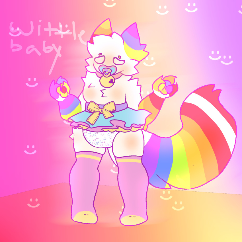 ambiguous_gender anthro baby_talk blush bottomwear bow_ribbon canid clothing diaper embarrassed english_text footwear fur glitter_(nekozuna) hair hi_res legwear mammal multicolored_body multicolored_fur multicolored_hair multicolored_tail nekozuna pacifier rainbow_body rainbow_fur rainbow_hair rainbow_tail skirt socks solo sparkledog sparklewolf tail text thigh_highs unknown_artist white_body white_fur