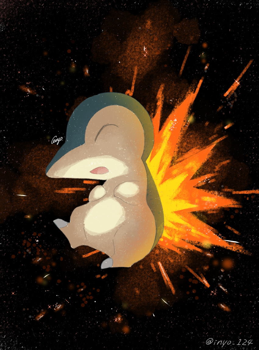 animal_focus black_background closed_eyes cyndaquil embers fire highres inyo_124 no_humans open_mouth pokemon pokemon_(creature) signature solo twitter_username