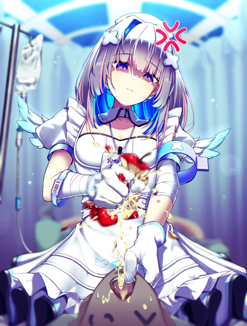 1boy 1girl amane_kanata anger_vein apple bandaged_arm bandages blue_hair blurry breasts closed_mouth colored_inner_hair commentary_request crushing depth_of_field detached_collar dress feathered_wings food frilled_dress frills fruit gloves grey_hair hair_intakes hand_on_another's_mouth highres hololive intravenous_drip iv_stand jewelry looking_at_another looking_down medium_hair mini_wings multicolored_hair necklace puffy_short_sleeves puffy_sleeves purple_eyes shara_(syara_so_ju) short_sleeves small_breasts solo_focus virtual_youtuber white_dress white_gloves wings