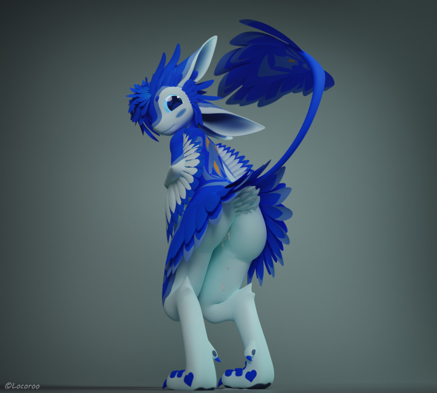 anthro avali avian blender_(software) blue_body bodily_fluids butt cum feathered_tail feathers genital_fluids hi_res kyrie_(jukkavali) leaking_cum locoroo male nude pose presenting simple_background solo standing tail