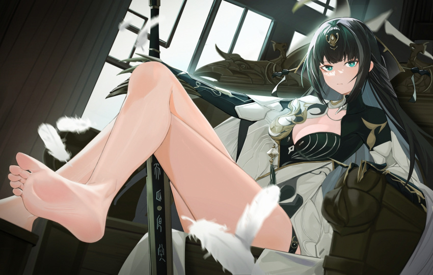 1girl bare_legs barefoot black_bodysuit black_gloves black_hair bodysuit breasts calligraphy chinese_clothes chinese_commentary cleavage cleavage_cutout clothing_cutout colored_inner_hair commentary crossed_legs elbow_gloves eyeshadow fake_claws feathers feet foot_focus foot_out_of_frame foreshortening gloves green_eyes hair_intakes hair_ornament highres holding holding_sword holding_weapon jewelry jian_(weapon) legs_up long_hair looking_at_viewer makeup medium_breasts multicolored_hair necklace panluo presenting_foot punishing:_gray_raven qu_(punishing:_gray_raven) red_eyeshadow sitting soles solo sword tassel throne toes two-tone_bodysuit very_long_hair weapon white_bodysuit white_feathers window