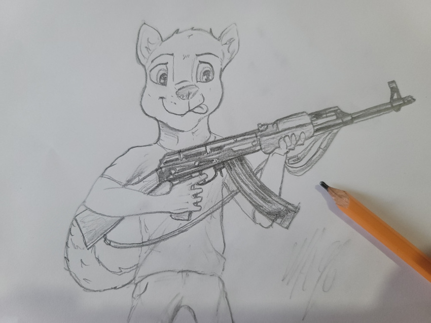 4:3 absurd_res age_difference ak-47 anthro assault_rifle canid canine graphite_(artwork) gun hi_res holding_object holding_weapon male mammal pencil_(artwork) ranged_weapon rifle simple_background sketch solo tongue tongue_out traditional_media_(artwork) weapon wolfyalex96 young younger_male