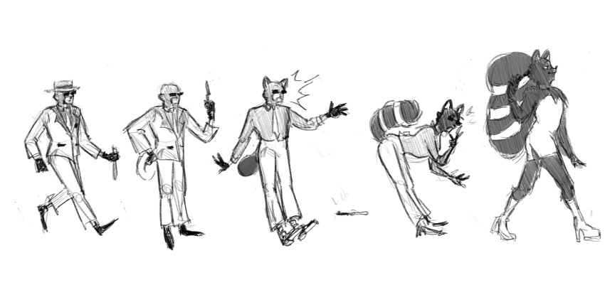 ambiguous_gender anonymous_artist anthro balaclava clothed clothing eyewear footwear glasses hi_res high_heels human knife male mammal mask procyonid raccoon spy_(team_fortress_2) team_fortress_2 transformation valve walking weapon