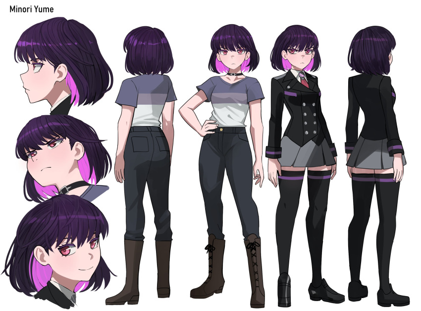 1girl boots character_name choker english_commentary full_body hand_on_own_hip highres jourd4n knee_boots long_sleeves looking_at_viewer miniskirt necktie original pants purple_eyes purple_hair reference_sheet shirt short_hair short_sleeves simple_background skirt smile solo standing t-shirt thighhighs uniform white_background zettai_ryouiki
