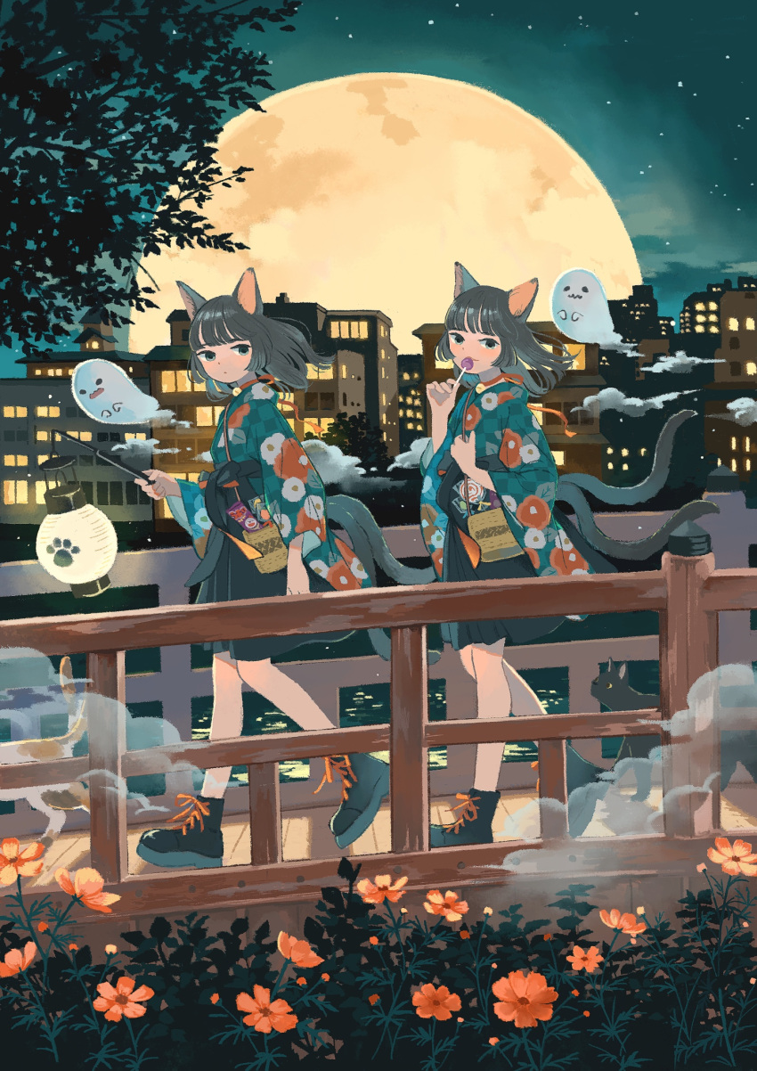 2girls animal_ears bell black_cat black_footwear blue_eyes building candy cat cat_ears cat_girl cat_tail flower food ghost highres holding holding_candy holding_food holding_lollipop inoue_haruka_(haruharu210) japanese_clothes kimono lantern leaf lollipop looking_at_viewer moon multiple_girls multiple_tails neck_bell night night_sky orange_flower original plant shoes sky star_(sky) starry_sky tail walking wide_shot