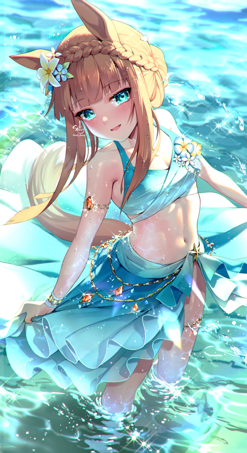 1girl absurdres animal_ears aqua_bikini aqua_eyes bikini blue_flower blush braid crown_braid ear_flower flower highres horse_ears horse_girl horse_tail jewelry long_hair navel official_alternate_hairstyle open_mouth orange_hair signature silence_suzuka_(emerald_on_the_waves)_(umamusume) silence_suzuka_(umamusume) smile solo summer's_sunlight_fades_to_blue_(umamusume) swimsuit tail twitter_username umamusume water yellow_flower yukimichi_(nieko)