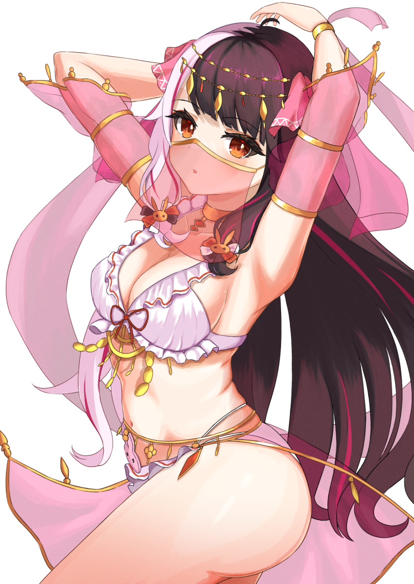 1girl armpits arms_behind_back arms_up ass belly_dancing bikini black_hair blush bow bracelet breasts cleavage dancer emobico frilled_bikini frills hair_bow highres jewelry large_breasts long_hair looking_at_viewer mouth_veil multicolored_hair navel nijisanji open_mouth red_eyes red_hair see-through sideboob solo split-color_hair streaked_hair swimsuit two-tone_hair veil virtual_youtuber white_background white_bikini white_hair yorumi_rena