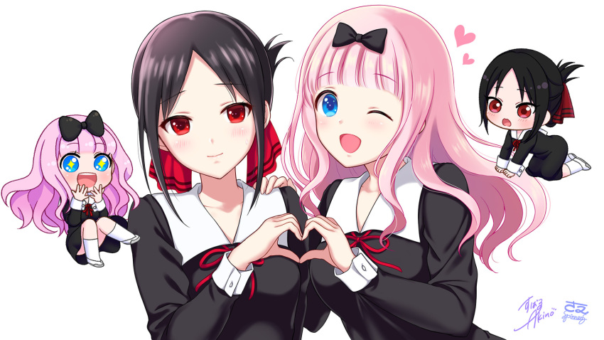 +_+ 2girls :d akino_subaru all_fours black_bow black_dress black_hair blue_eyes blunt_bangs blush bow chibi closed_mouth collar commentary_request dress eyelashes fujiwara_chika hair_bow hair_ribbon hand_on_another's_shoulder hands_up happy heart heart_hands heart_hands_duo highres kaguya-sama_wa_kokurasetai_~tensai-tachi_no_renai_zunousen~ knees_together_feet_apart long_hair long_sleeves looking_at_another looking_at_viewer multiple_girls one_eye_closed open_mouth parted_bangs pink_hair red_eyes red_ribbon ribbon sae_s8s school_uniform shinomiya_kaguya shuuchiin_academy_school_uniform sidelocks signature simple_background sitting smile socks straight-on sweatdrop teeth upper_body upper_teeth_only white_background white_collar white_footwear white_socks